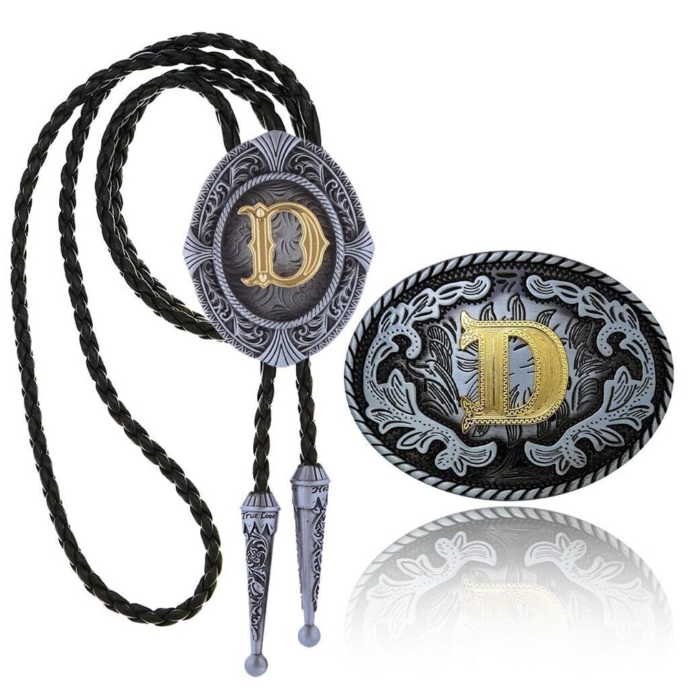 4694 2Pcs Belt Buckle Bolo Tie Set , Western Cowboy Initial Letters Leather